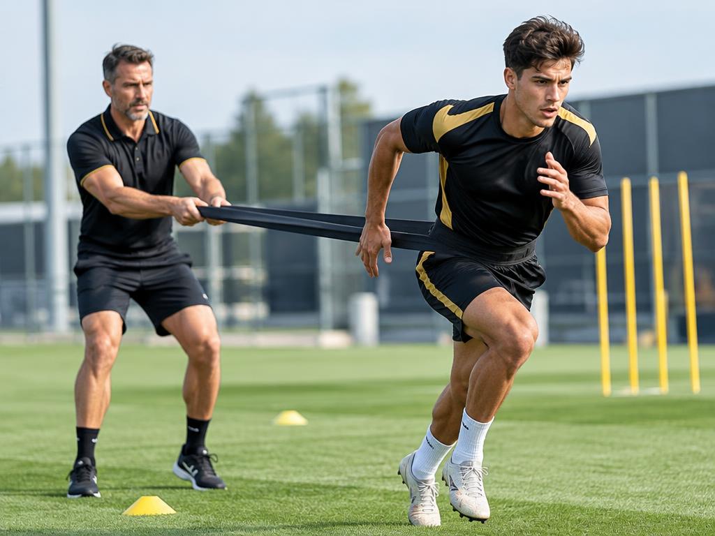 Le préparateur physique entraînant un joueur en sprint